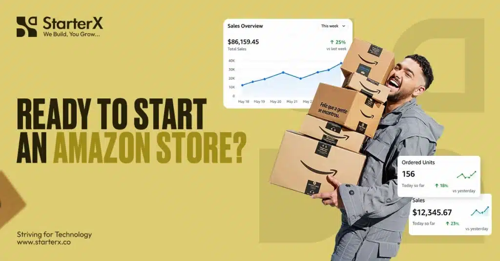 Amazon store startup banner featuring an online sales dashboard, Amazon packages, and a seller ready to start an Amazon store.