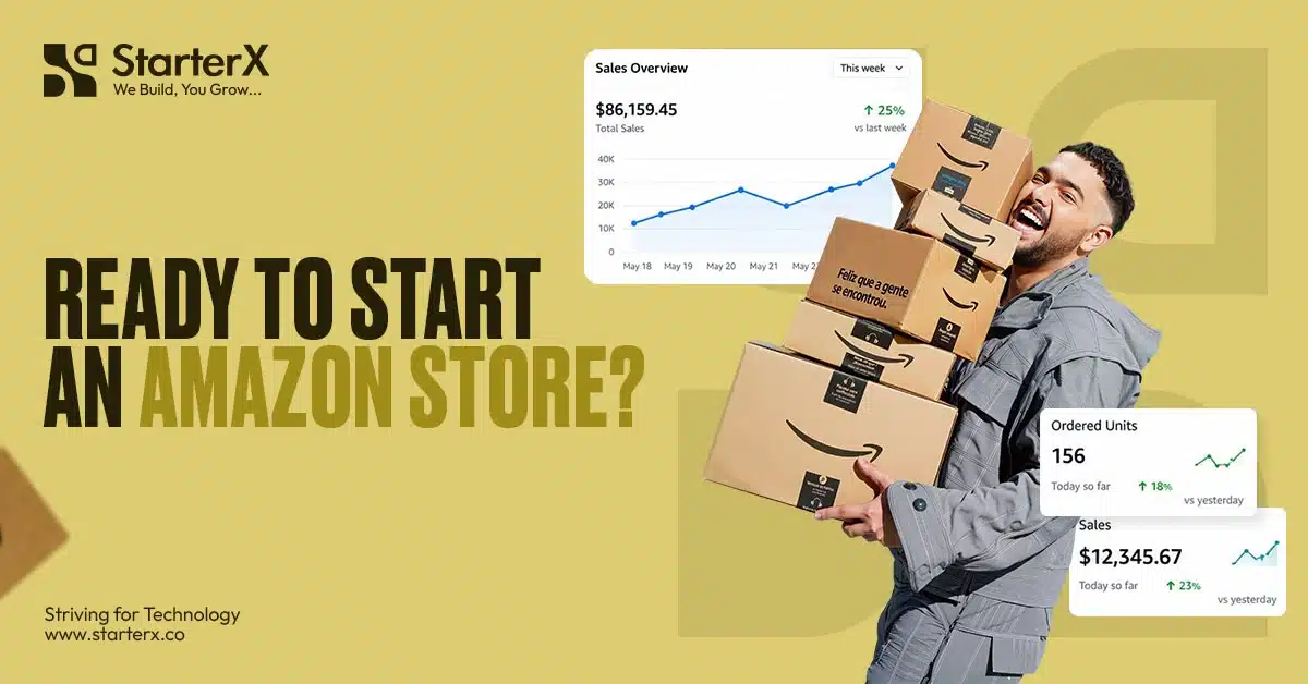 Amazon store startup banner featuring an online sales dashboard, Amazon packages, and a seller ready to start an Amazon store.