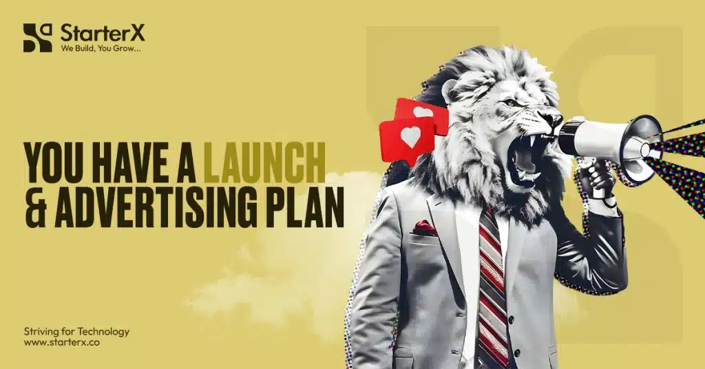 StarterX launch and advertising plan banner featuring a lion in a suit holding a megaphone with social media like icons.