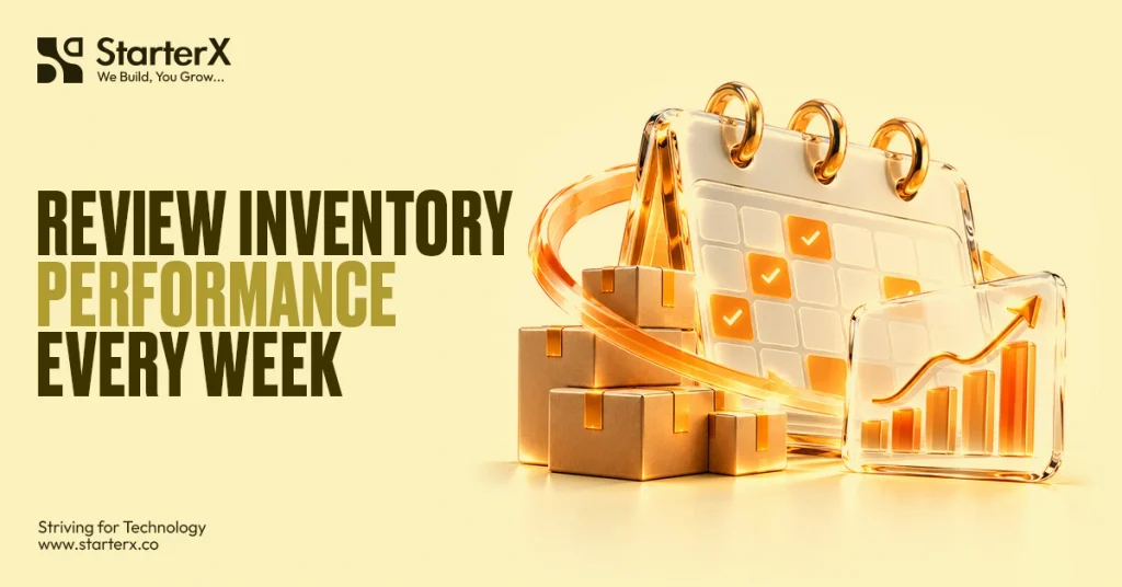 Weekly inventory performance review featuring a 3D calendar, inventory boxes, and an upward-trending analytics chart, illustrating inventory management and business performance tracking.